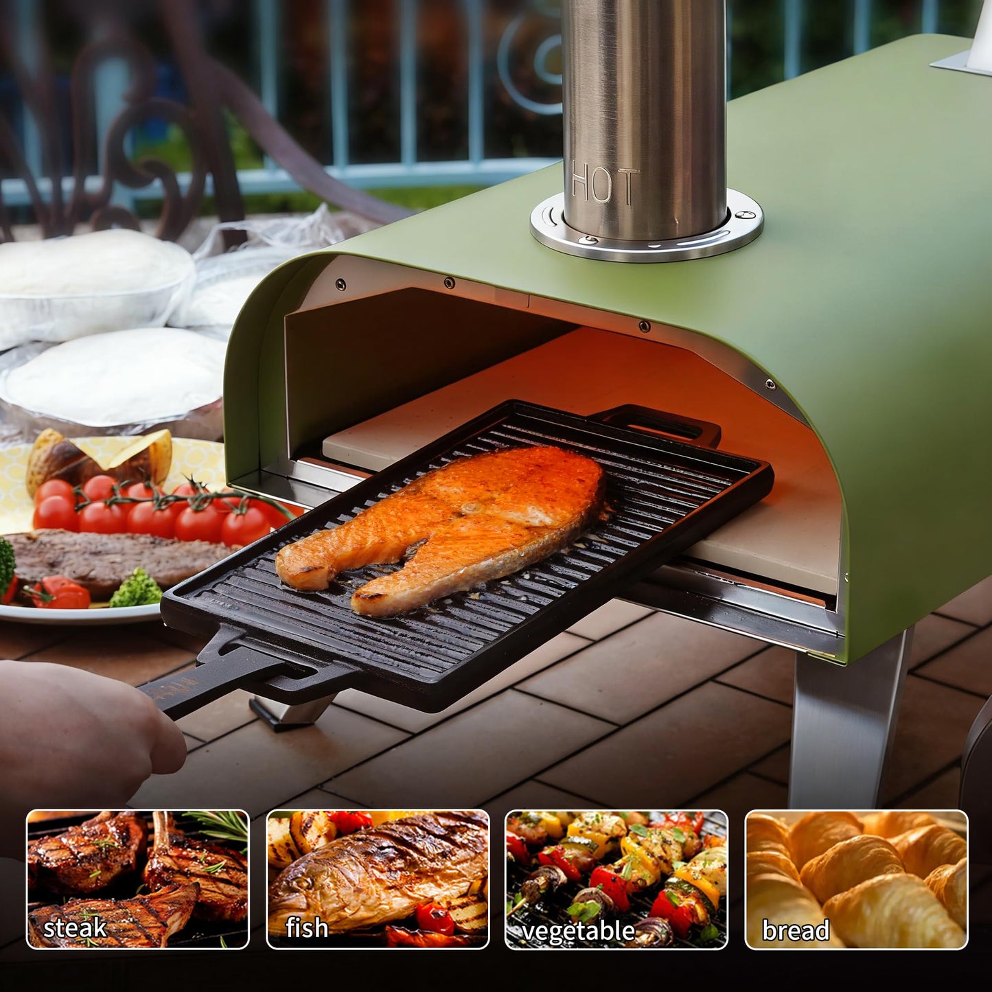 BIG HORN 12" Multi-Fuel Outdoor Pizza Oven Reach up to 1110℉– 3-in-1 Wood,Gas&Electric Compatible (Burners Sold Separately),Pellet Pizza Oven Portable Pizza Maker for Backyard,Camping&Tailgating,Green