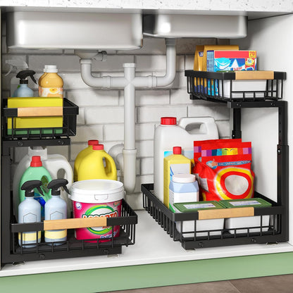 Kitstorack Under Sink Organizer - 2 Tier Metal Sliding Drawer for Kitchen & Bathroom Storage | Black