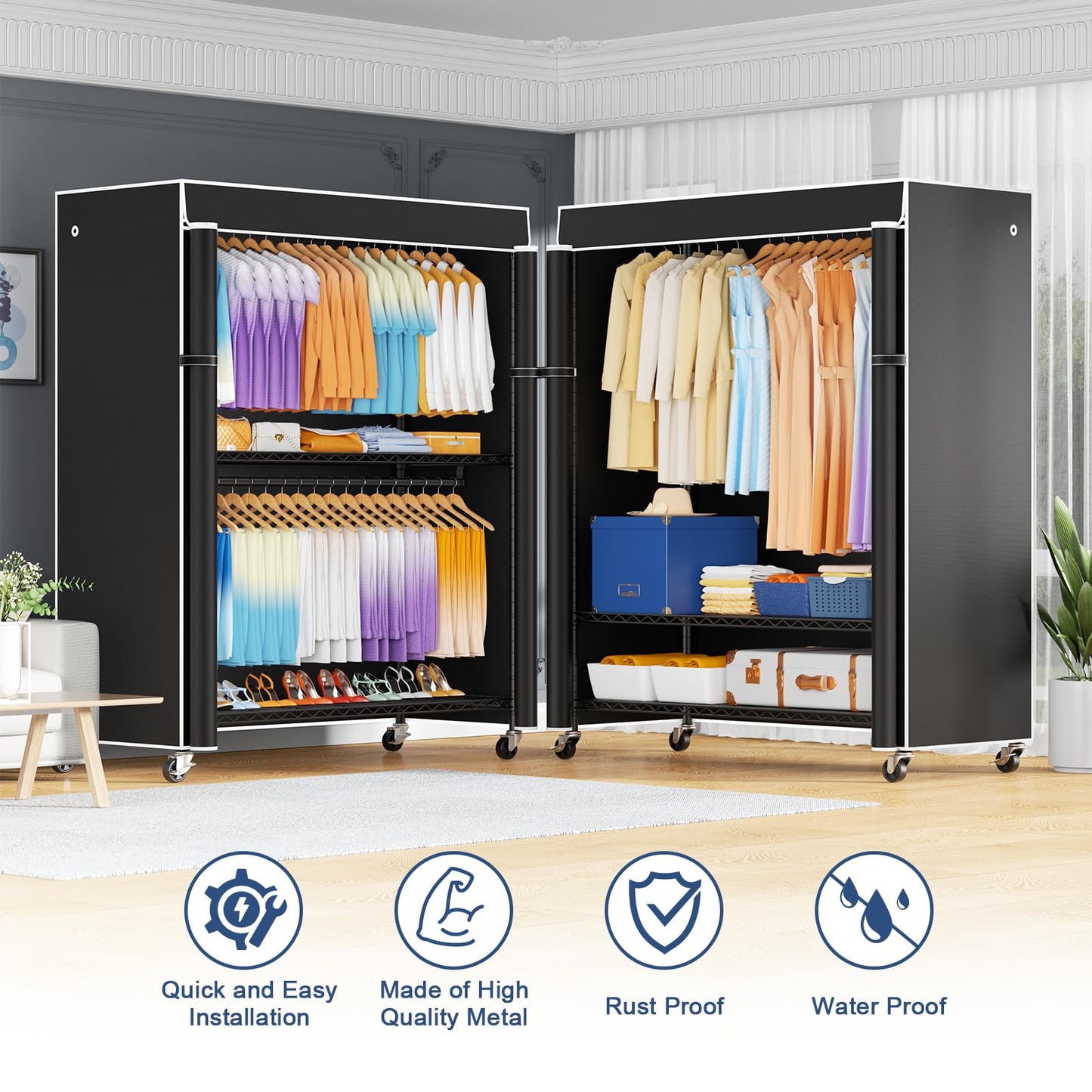 ULIFHOME P8C Max Heavy Duty Clothes Rack（With Extended Width Design） Rolling Clothing Racks for Hanging Clothes with Lockable Wheels，51.2"W x 15.8"D x 80.5"H，Load 800LBS，Black Rack with Black Cover