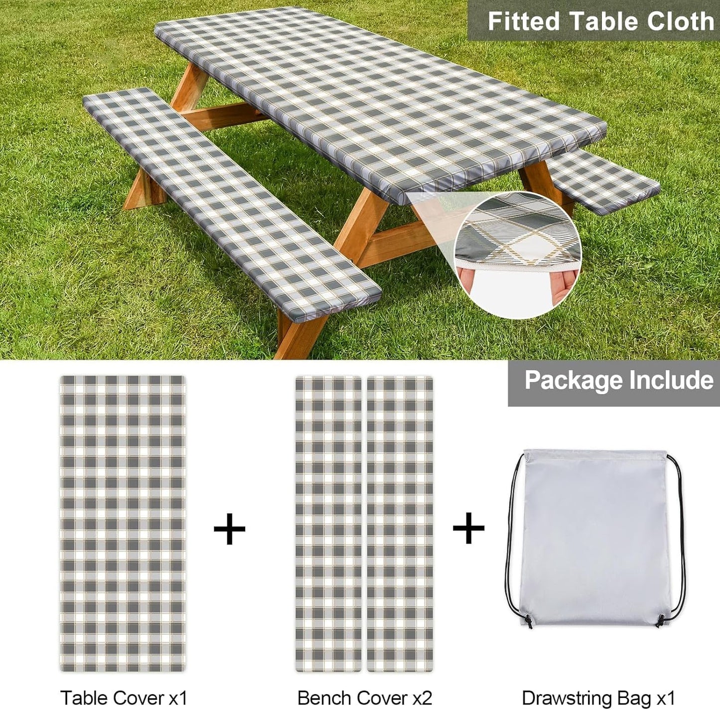 Picnic Table Cover - Waterproof & Windproof Camping Tablecloth with Bench Covers | 72in, Gray White