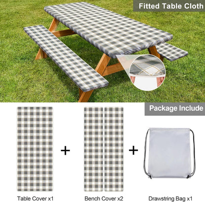 Picnic Table Cover - Waterproof & Windproof Camping Tablecloth with Bench Covers | 72in, Gray White