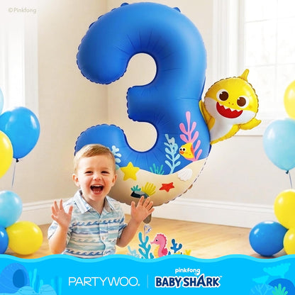 **PartyWoo Baby Shark Number 3 Balloon - 40 Inch Blue Mylar Helium Decoration for Kids' Birthday**