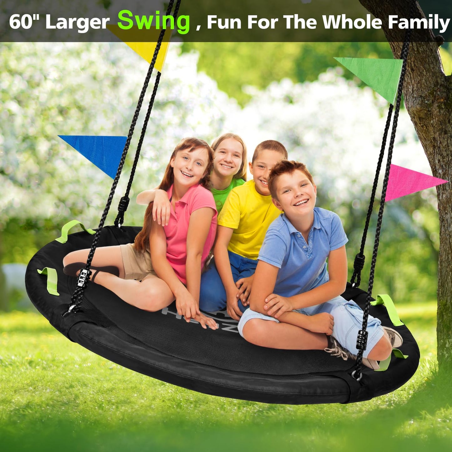 HeyZoo Tree Swing, 60 inch Larger Saucer Swing for Whole Family, 900lbs Weight Capacity, with Adjustable Hanging Straps, for Outdoor Backyard, Gifts for Kids, Black