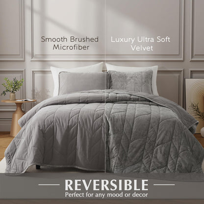 Oli Anderson Velvet Quilt Set Queen Size - Lightweight Bedspread Coverlet - Soft Velvet Comforter Set - Reversible Quilted Bedding Set for All Seasons - Ash Blue - 3 PCS (1 Quilt, 2 Pillow Shams)