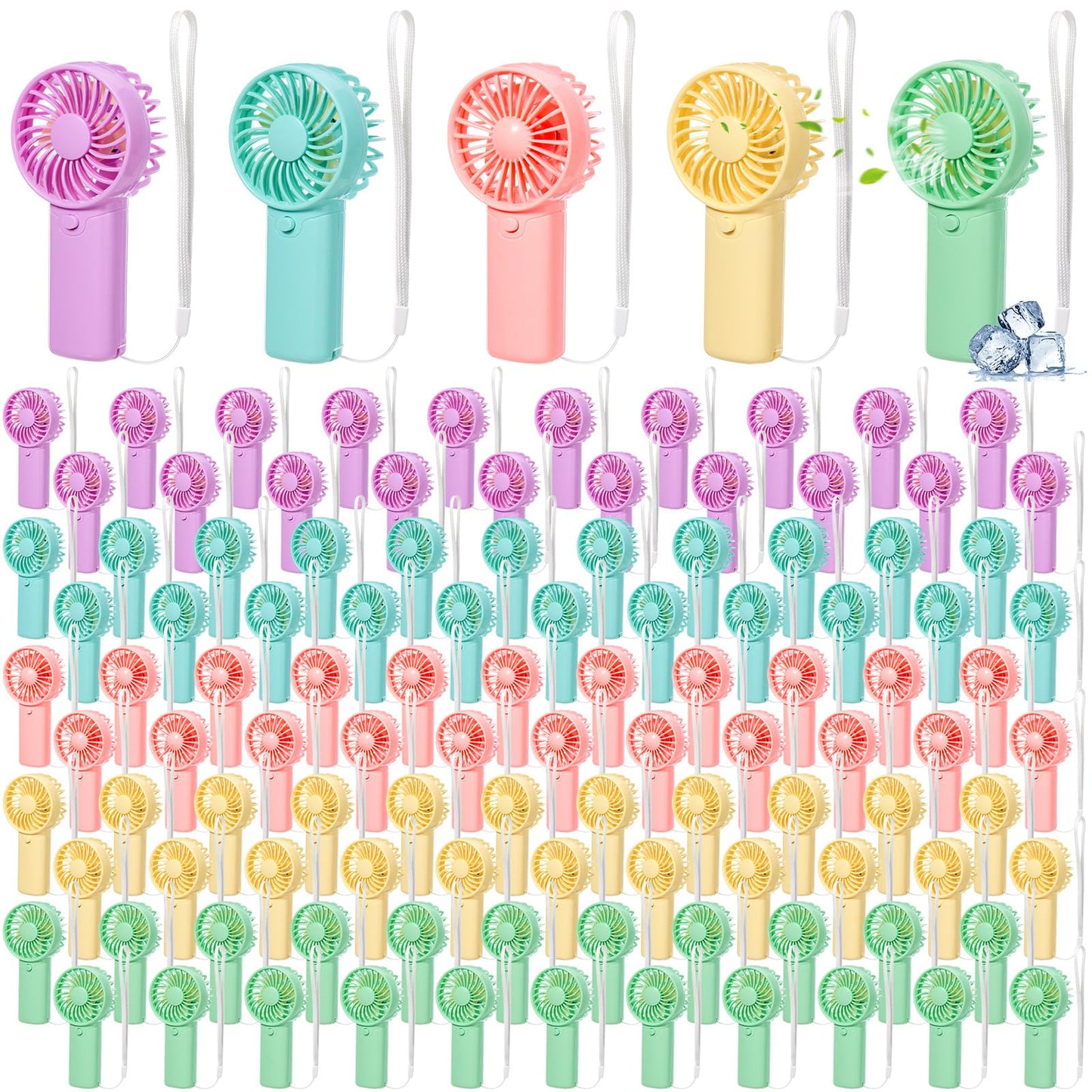 Rossesay 100 Pcs Mini Portable Fan Handheld Battery Operated Portable Small Personal Fans for Summer Travel Beach Indoor Outdoor Cooling Gift (Pink,Purple,Yellow,Green,Blue)