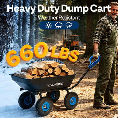 VIVOHOME 4 Cu.Ft 660lbs Wheelbarrow Garden Cart Dump Wagon with 2-in-1 Convertible Handle Attach to ATV or Tractor, 10" All Terrain Wheels, Quick Release Heavy Duty Utility Trailer for Yard-Blue