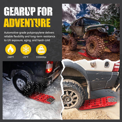 BUNKER INDUST Offroad Traction Boards with Jack Base, Pair Portable Recovery Track Tire Traction Mat - Red Sand,Mud,Snow Tracks(Replaceable Dual Colors Teeth/Rugged Steel Plate), Gen 12th