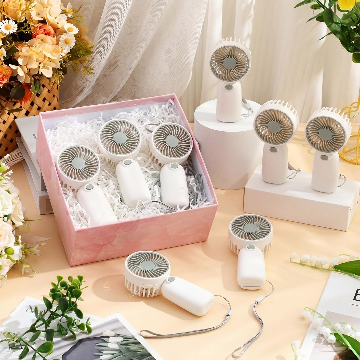 Woanger 100 Pcs Portable Mini Handheld Fan Bulk with Rope Lash Desk Fan for Makeup Summer Appreciation Gifts Individually Boxed for Wedding Travel Camping Hiking (Green)