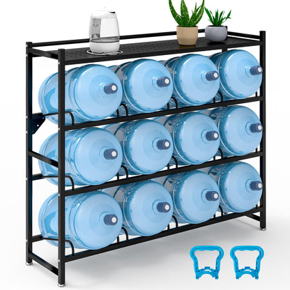 Eastrexon 5 Gallon Water Jug Holder Heavy Duty，4-Tier Water Jug Rack w/Top Shelf, Wall Mount Water Bottle Holder for 12 Bottles, Powder Coated Water Rack Stand for Home, Office, Restaurant, Gym.