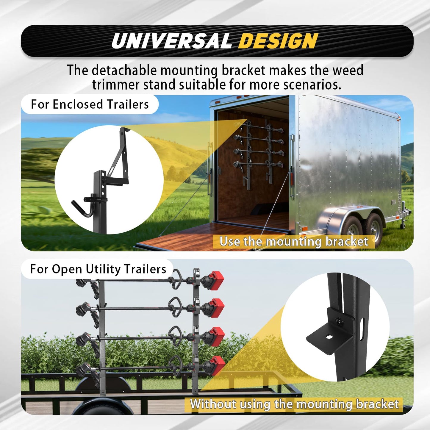 DEWHONETE 4 Place Trimmer Weed Eater Rack for Enclosed and Open Trailer Walls Landscape Truck Weedeater Rack Carrier Holder with 4 Lock-Black