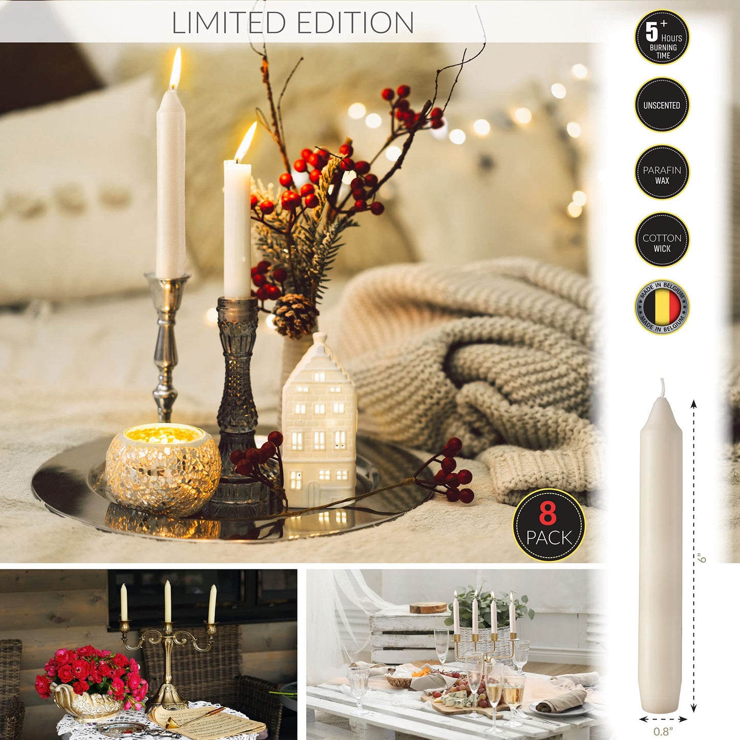 Tribello 6" Ivory Candlesticks - Pack of 8 Short Taper Candles - 5 Hour Long Burning Cream Candlesticks for Christmas, Holiday, Table Candles for Wedding, and Home Decoration