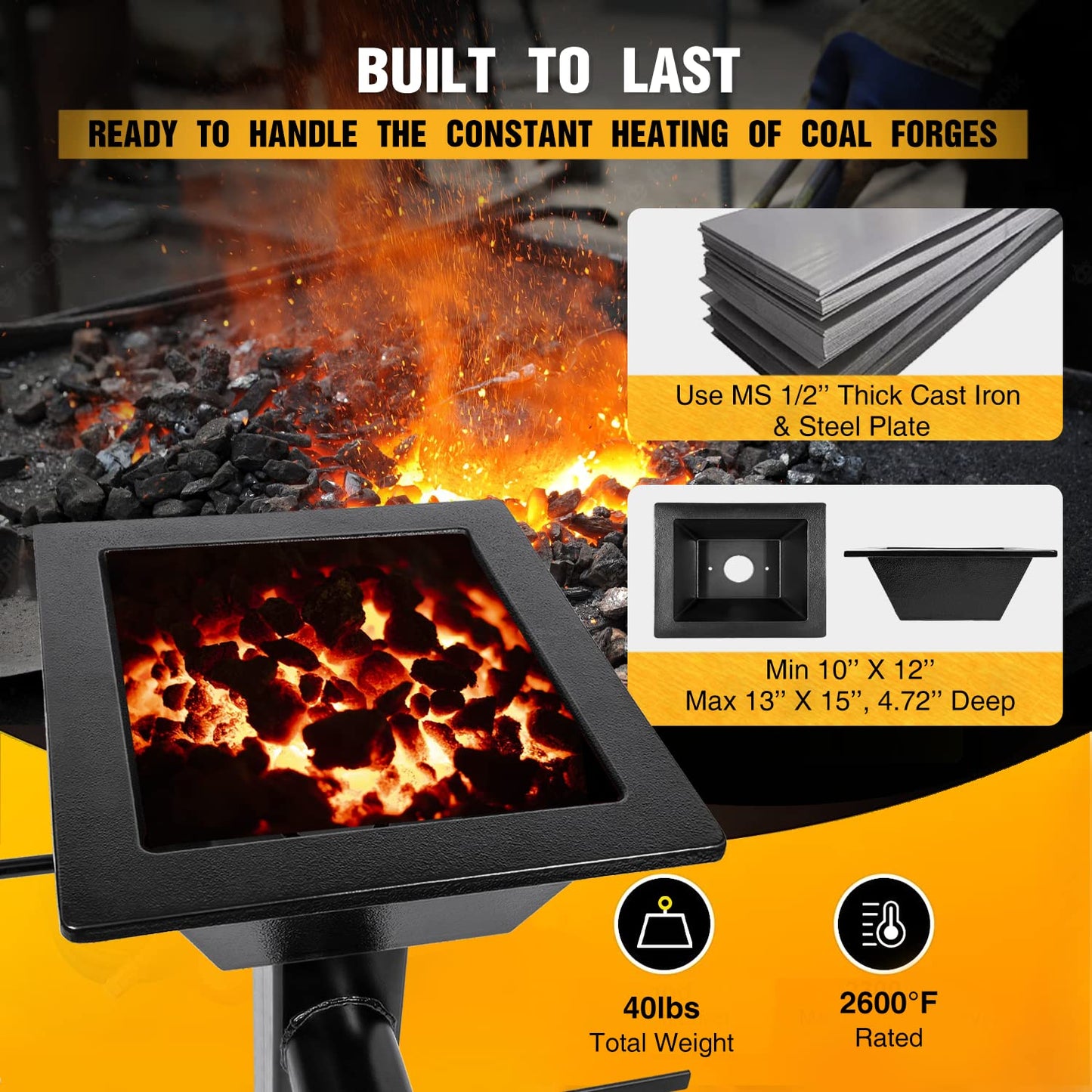 Upgraded Blacksmith's Welded Coal Forge Firepot, 10 X 12 Inch Blacksmithing Firepot, 2600F Rated for Forging Blacksmith Farrier, Knife and Tool Making