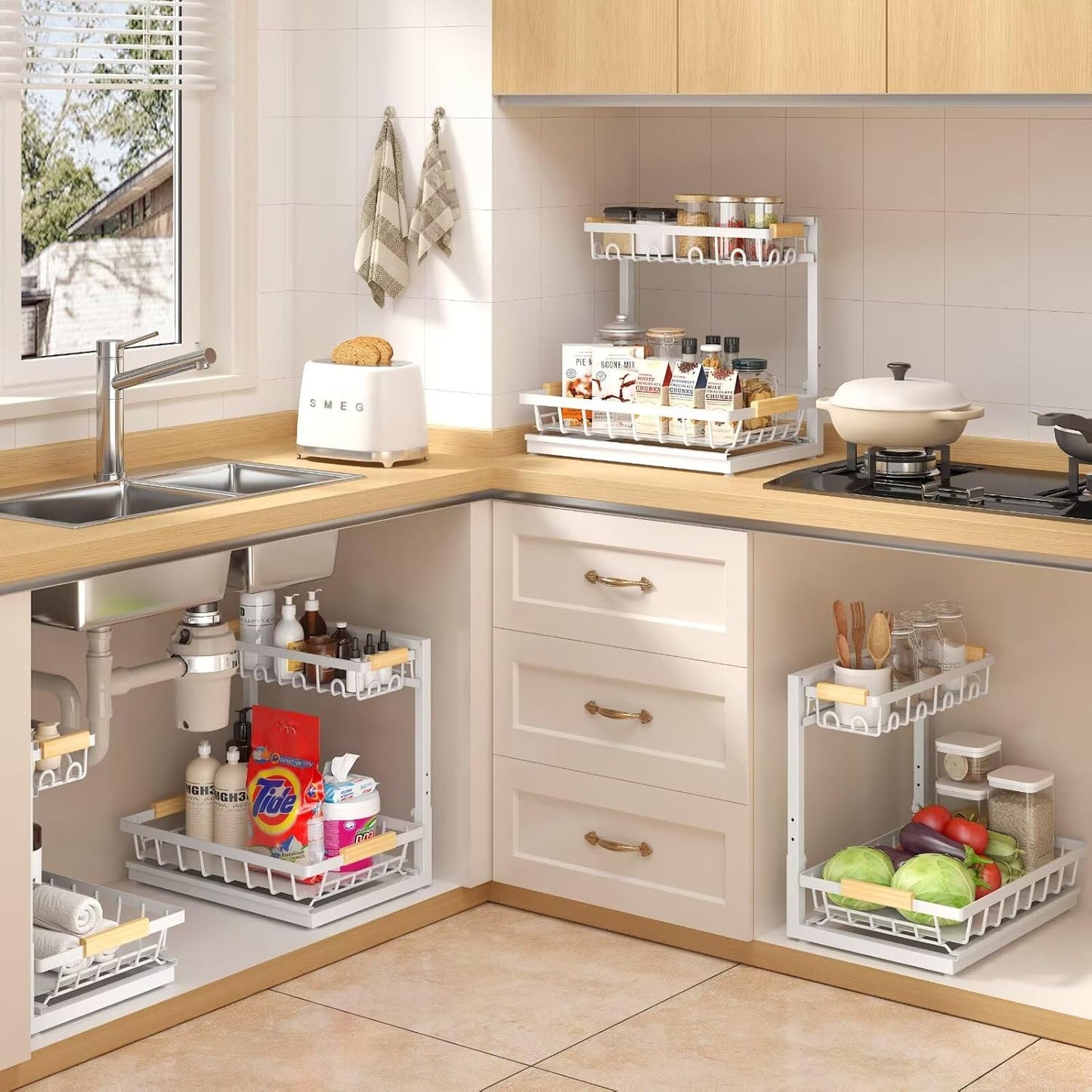 Sevenblue Under Sink Organizer - Height Adjustable 2-Tier Storage Shelf for Kitchen & Bathroom (White, Extra Large)