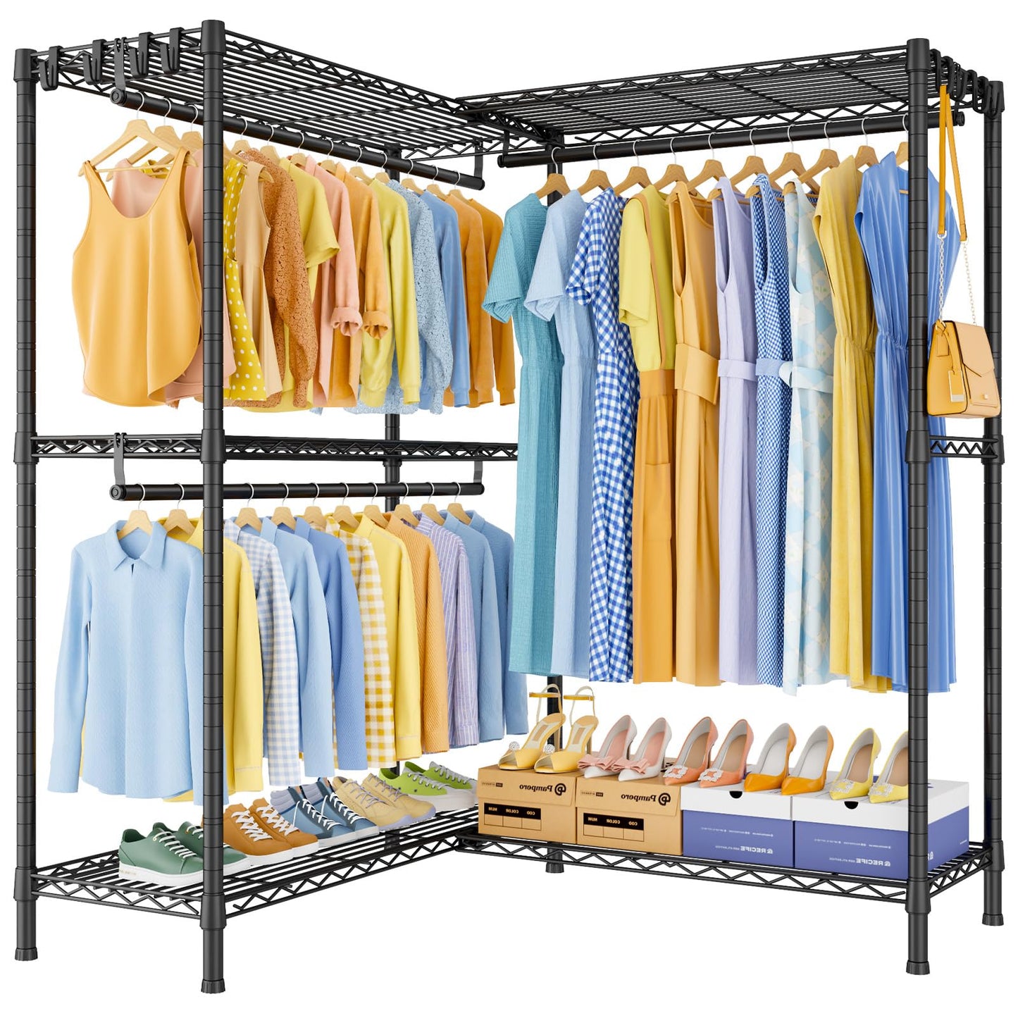 ULIFHOME E15 Pro Garment Rack L Shaped Clothes Rack for Corner，Freestanding Clothing Racks for Hanging Clothes，Heavy Duty Closet System with 4 Hanging Rods & 8 S Hooks，48.8"W x 15.8"D x 78.4"H，Black