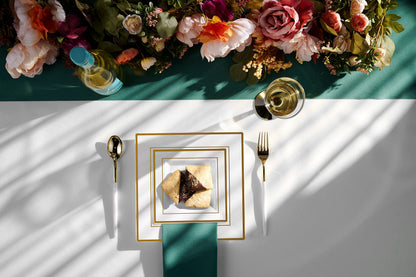 Gold Disposable Plates Set For 50 Guest - 350 Piece Gold Plastic Dinnerware Set - 100 Gold Rimmed Square Plastic Plates, 50 Gold Rimmed Plastic Cups, 50 Paper Napkins, 50 Gold Silverware Set