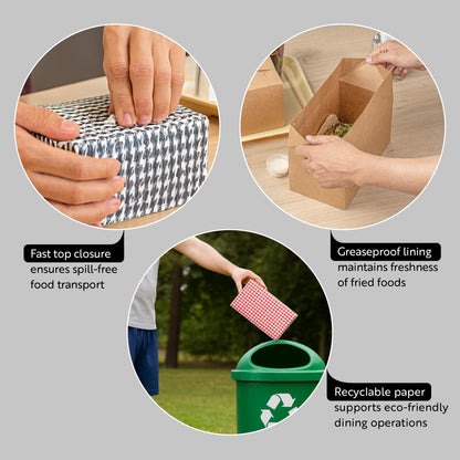 Restaurantware Bio Tek 80 Ounce To Go Boxes 400 Rectangle Take Out Food Containers - Fast Top Closure Disposable Black Houndstooth Paper Carry Out Containers For Burgers Or Fried Chicken