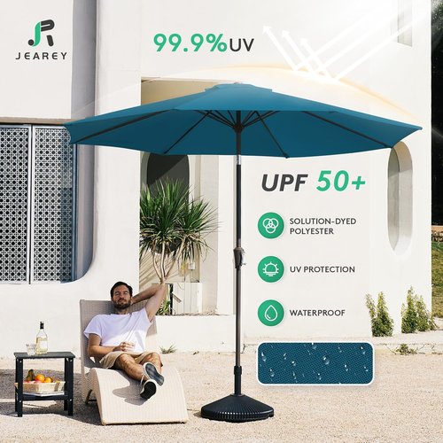 JEAREY 9FT Outdoor Patio Umbrella - Push Button Tilt & Crank | UV Protection, Waterproof, Lake Blue