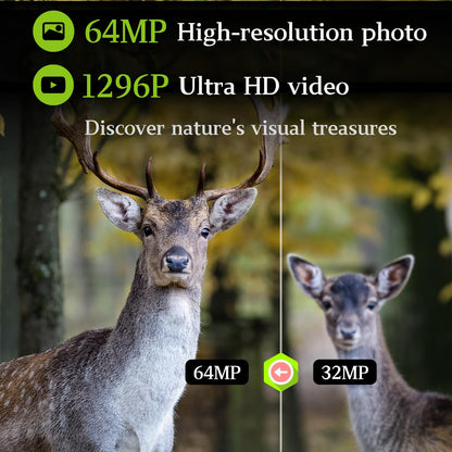 BLAZEVIDEO 2-Pack Trail Camera 64MP 1296P Video, 940nm No-Glow Night Vision, 70° Focused PIR Detection (Fewer False Alerts), 0.3s Trigger Motion Activated IP66 Waterproof Game Cam for Wildlife & Yard