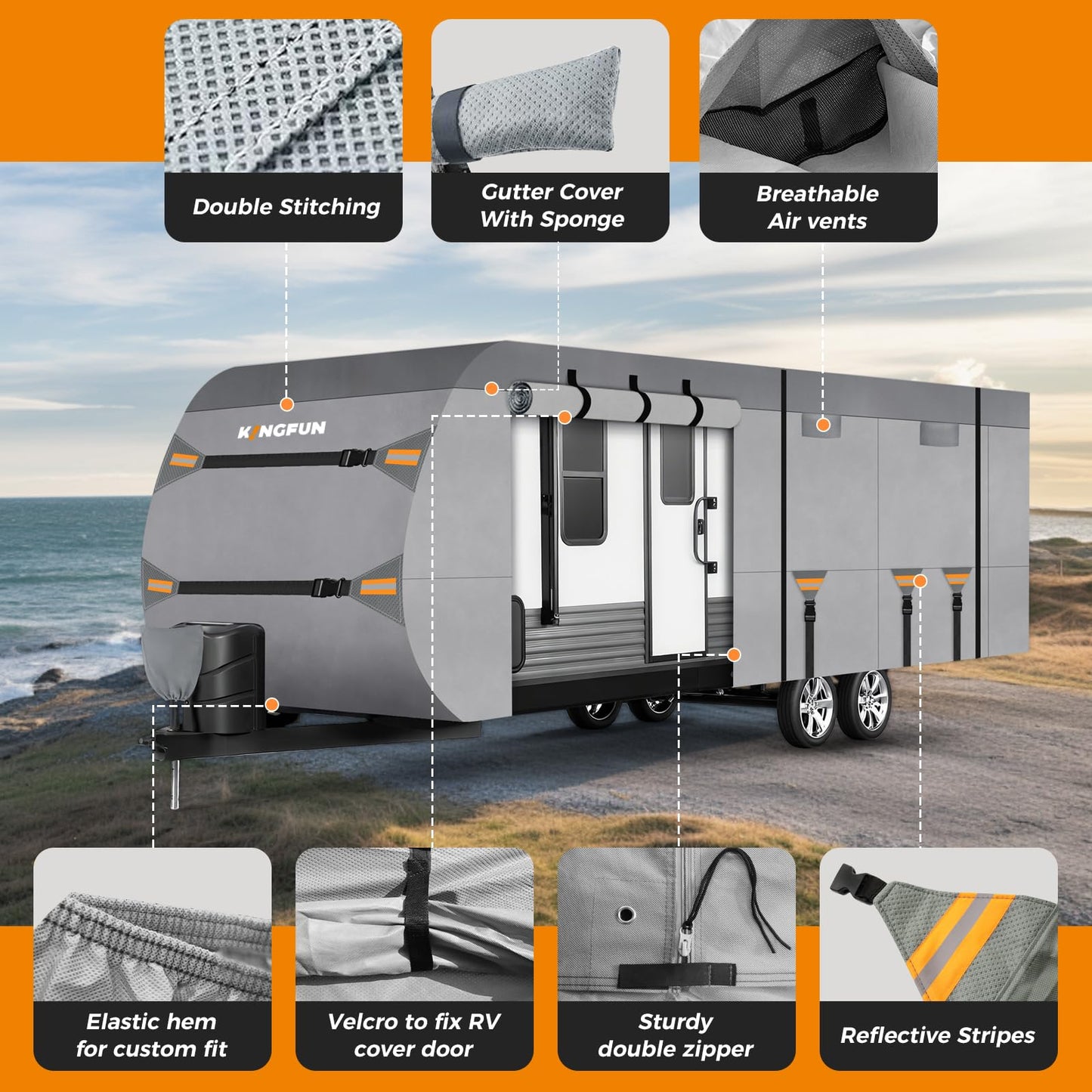 Kingfun Rv Cover Fits 27-30 Ft Travel Trailer Cover, Heavy Duty Camper Cover, with Windproof Straps, Gutter & Tongue Jack Covers, Utility Travel Trailer Cover for All Weather Protection