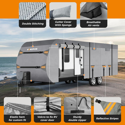 Kingfun Rv Cover Fits 27-30 Ft Travel Trailer Cover, Heavy Duty Camper Cover, with Windproof Straps, Gutter & Tongue Jack Covers, Utility Travel Trailer Cover for All Weather Protection