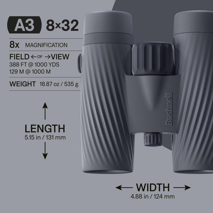 Bushnell A3 8x32 Compact Binoculars for Adults & Kids, Waterproof, Fogproof, 8X Magnification, Fully Multi-Coated Lenses & Rubber Armor - Folkstone Gray