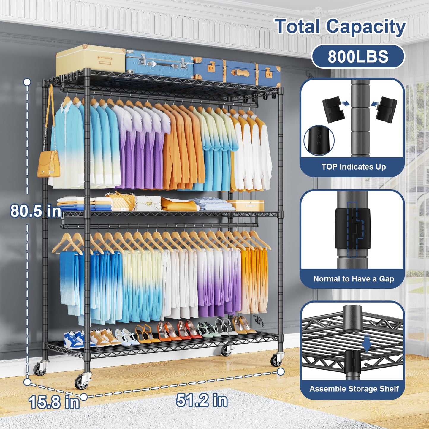 ULIFHOME P8 Max Heavy Duty Clothes Rack（With Extended Width Design） Rolling Clothing Racks for Hanging Clothes，Portable Garment Rack with Lockable Wheels，51.2" W x 15.8" D x 80.5" H，Load 700LBS，Grey