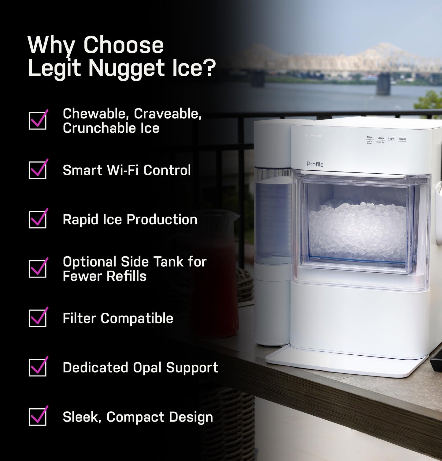 GE Profile Opal 2.0 Ultra Nugget Ice Maker with .75 Gallon Side Tank and Scale Inhibiting Filter, Scoop Included, 38 lbs in 24 Hours, Pellet Ice Machine with WiFi & Smart Connected, Black