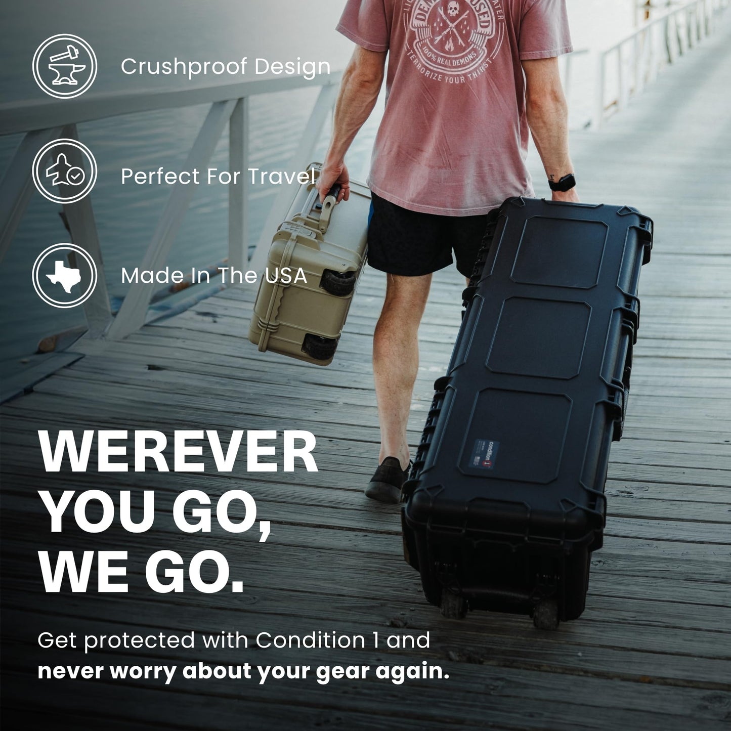Condition 1 45" Empty Waterproof Hard Case w/Wheels – Lockable, TSA Approved Gear Storage Long Trunk, IP67-Rated Waterproof, Stackable, Rugged Travel Case – Black, Made in USA, 44.52"x16.30"x12.90"