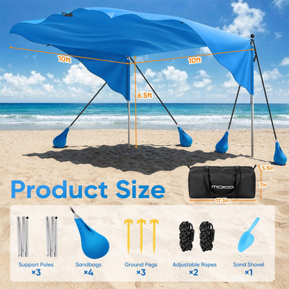 MoKo Beach Shade Canopy, 100 Sq.Ft. Wind-Supported Sunshade Sail for 4-6 People, Lightweight Easy Setup Beach Tent with UPF 50+ Sun Protection for Family Travel Coastal Trips, Blue