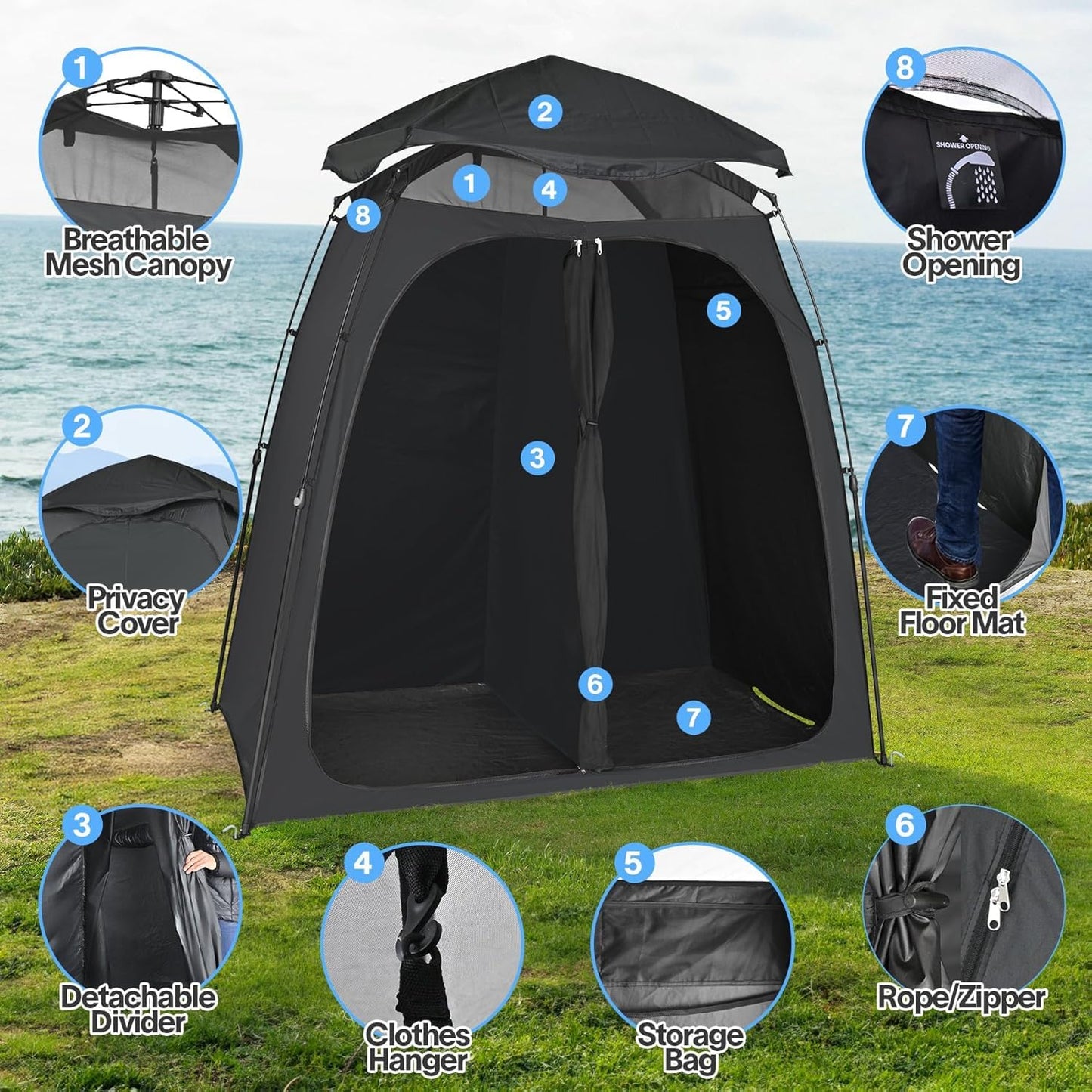 EighteenTek® Upgraded Shower Tents with Hub, Pop Up Privacy Tent Camping 2-Room Privacy Shelter with Floor & Dual Doors, Portable Easy-Setup Toilet & Changing Tent, 83" x 47" x 77.6"H