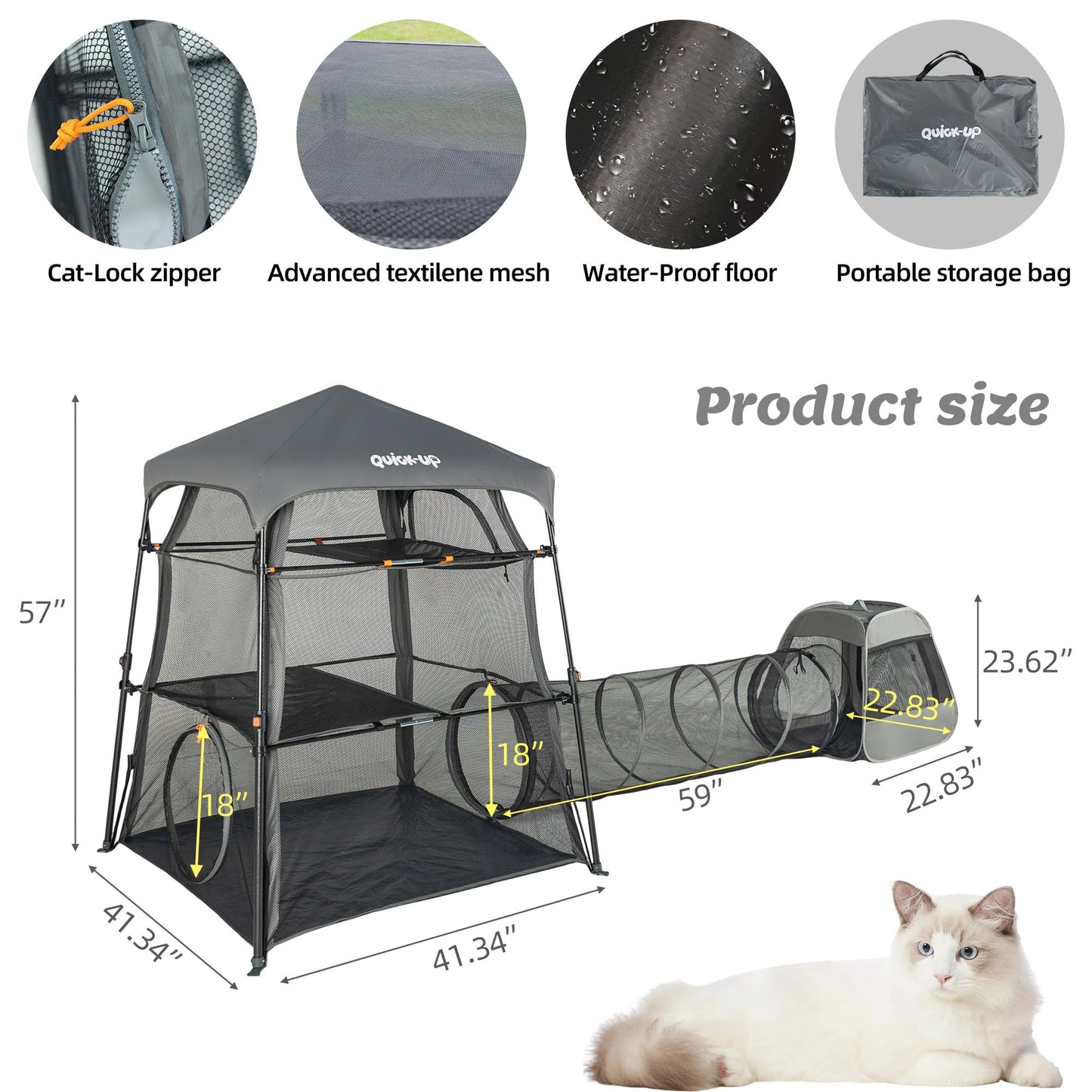 Catio Outdoor Cat Enclosure Combo for Indoor and Outdoor,3 Tier Cage Inside,Pop up Catio,Portable and Foldable(Includes cat Tower Tent, Tunnel and cage) Plus 2 cat Tunnel +1 Cube