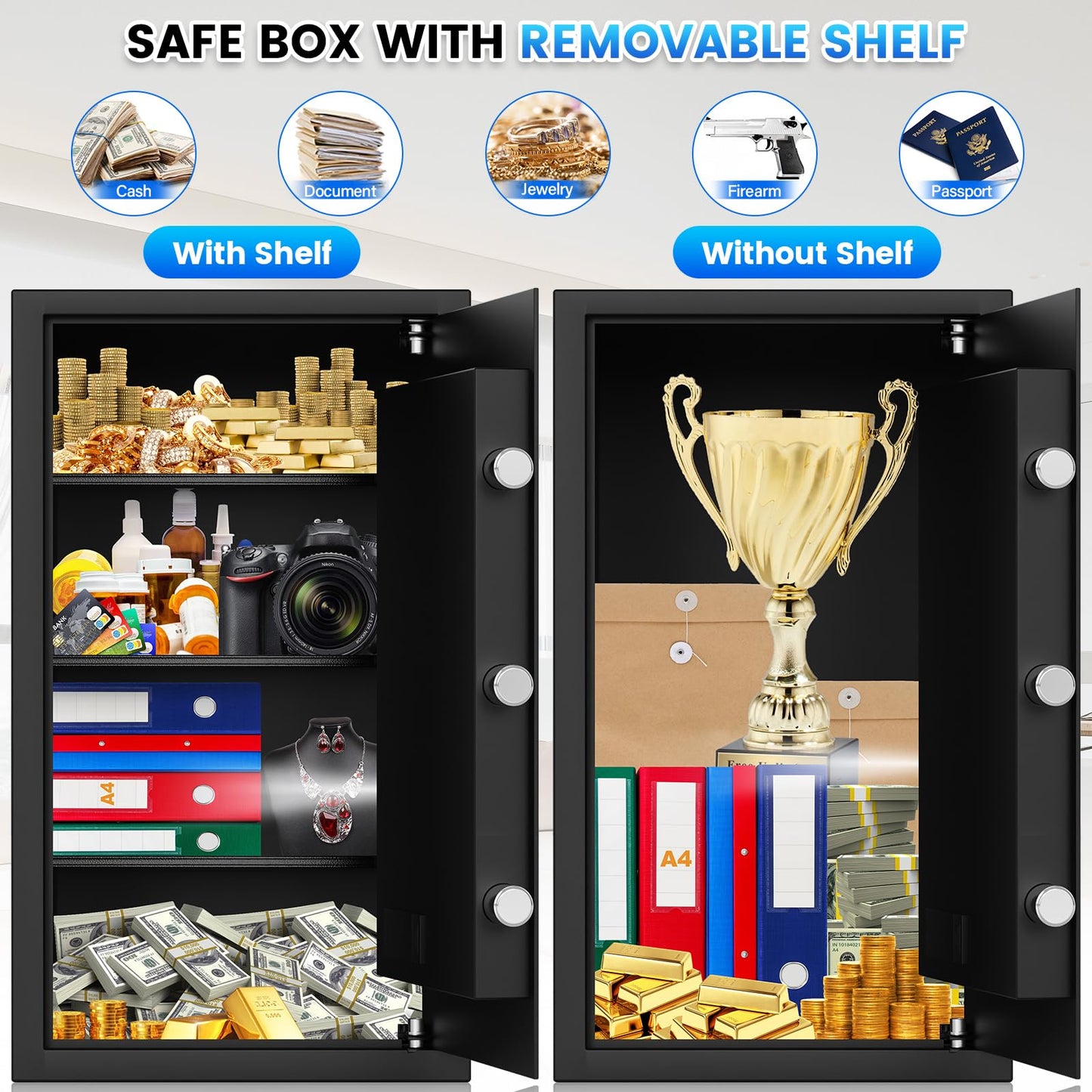 5.2 Cuft Large Fire Safe Box for Home Documents, Home Safes Water and Fireproof with LCD Keypad Keys, Anti-Theft Alert, Hidden Code Mode, Personal Combination Money Safe For Office Home Gift