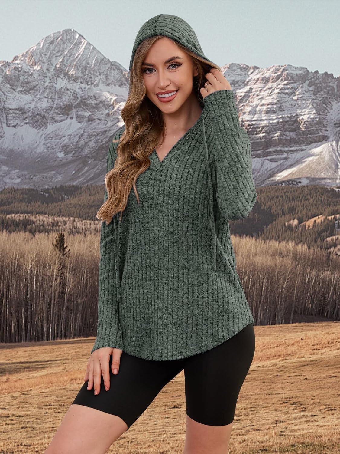 Lylinan Womens Cozy Knit Sweaters Hoodies Ribbed V Neck Pullover Sweatshirts for Fall Outfits S-XXL