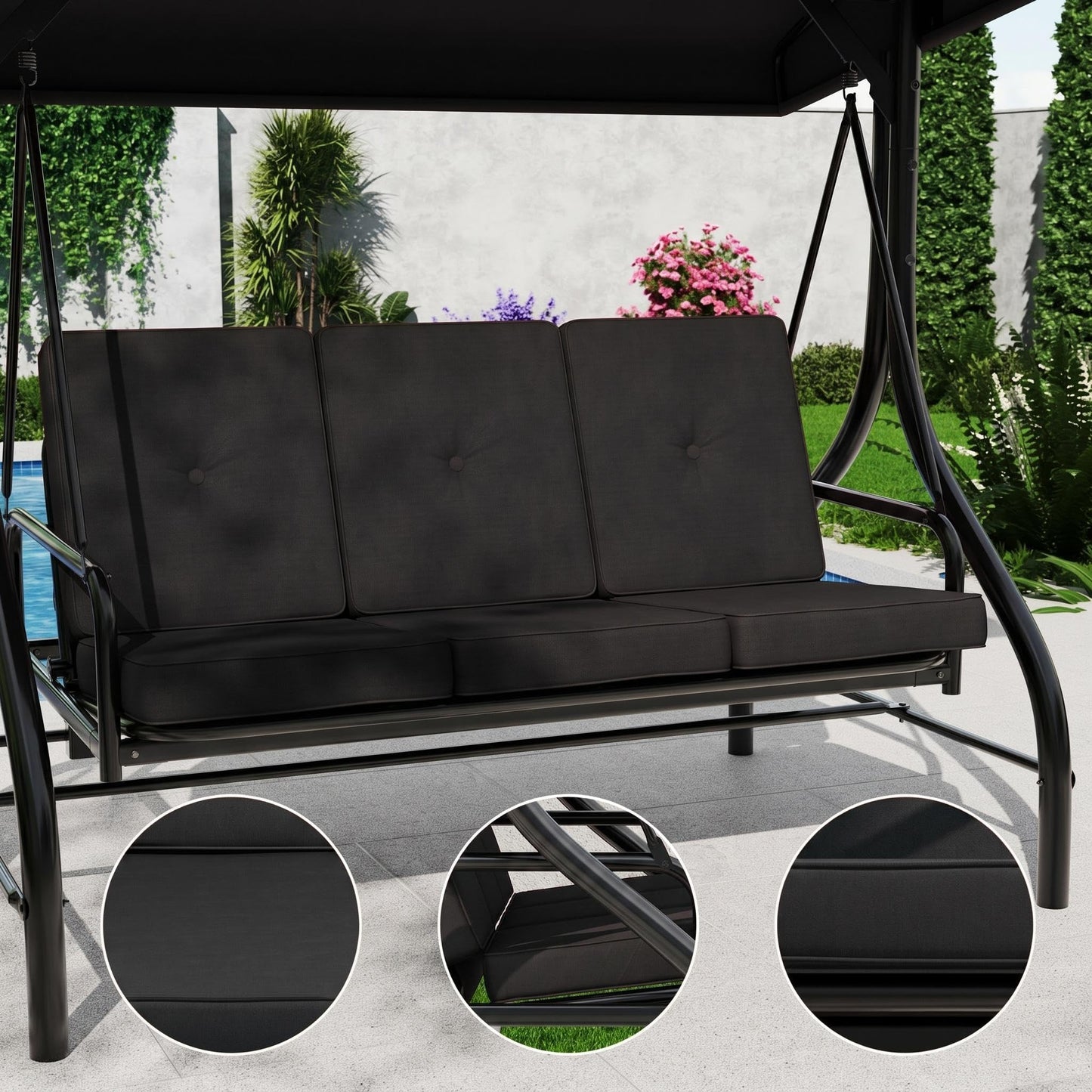 3-Seat Outdoor Porch Swing with Adjustable Canopy, Patio Swing Chair with Stand, 800 Lbs Heavy Duty Steel Frame, Reclines to 180° Swing Bed, Cup Holder Trays, Cushions & Pillows for Garden, Black