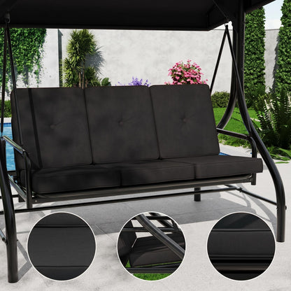 3-Seat Outdoor Porch Swing with Adjustable Canopy, Patio Swing Chair with Stand, 800 Lbs Heavy Duty Steel Frame, Reclines to 180° Swing Bed, Cup Holder Trays, Cushions & Pillows for Garden, Black