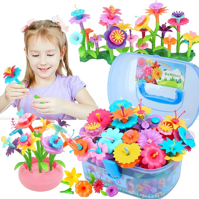 BEMITON Flower Building Toy Set for Girls Best Birthday Gifts for 3 4 5 6 7 Year Old Kids Arts and Crafts Kit for Toddlers STEM Activities and Gardening Pretend Playset 148 pcs