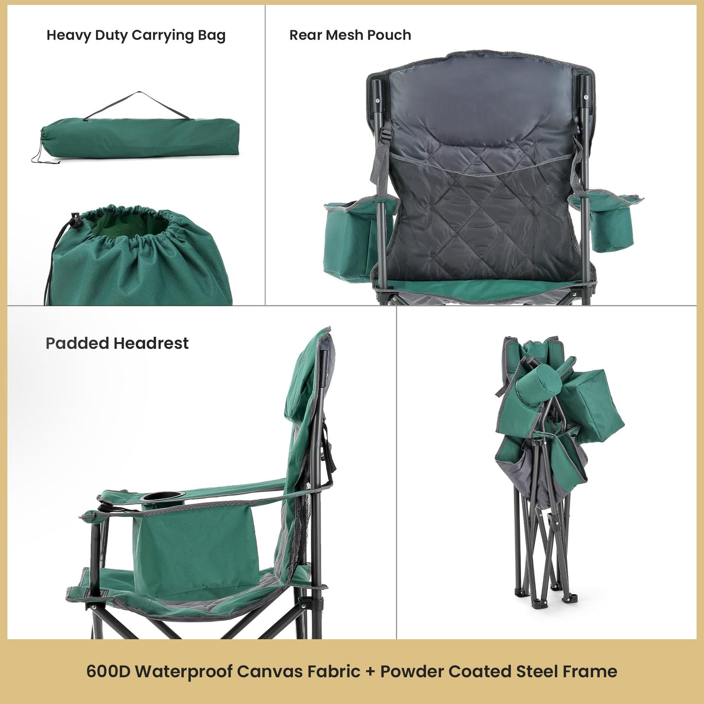 ARROWHEAD OUTDOOR 2-Pack Portable Folding Camping Quad Chair w/ 6-Can Cooler, Cup & Wine Glass Holders, Heavy-Duty Carrying Bag, Padded Armrests, Headrest & Seat, Supports up to 550lbs