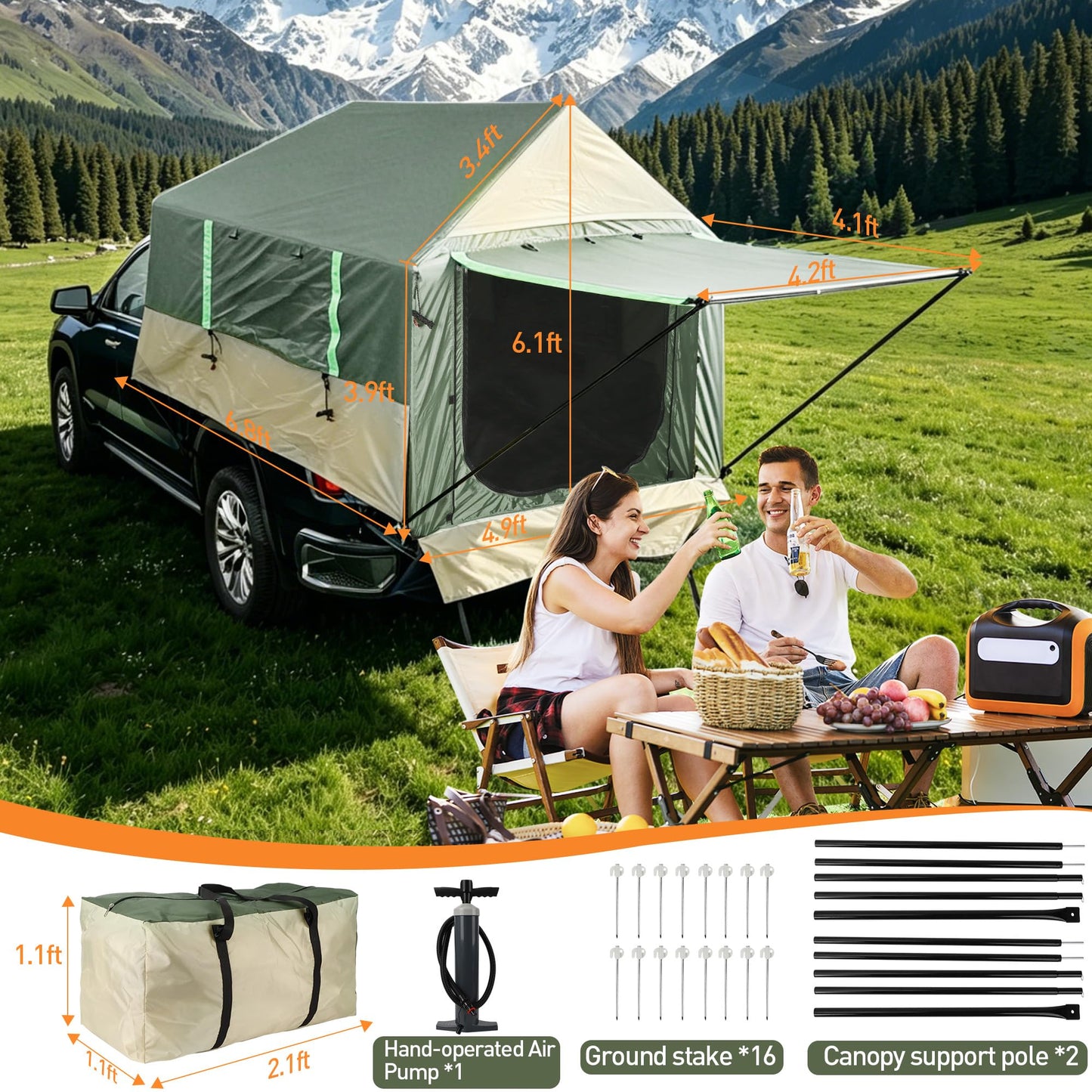 Inflatable Truck Tent with Front Awning - PU3000mm Waterproof 2-Min Setup Easy Set up Pickup Truck Tent with Pump 2 persen turck Bed Tent for 5.5ft-8ft Pickup Outdoor Camping Tent