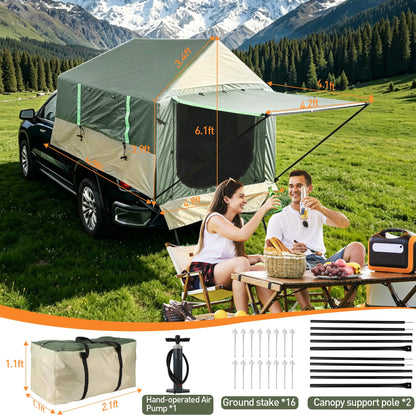 Inflatable Truck Tent with Front Awning - PU3000mm Waterproof 2-Min Setup Easy Set up Pickup Truck Tent with Pump 2 persen turck Bed Tent for 5.5ft-8ft Pickup Outdoor Camping Tent