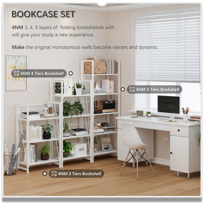 4NM No Assembly Folding Bookshelf Storage Shelves 4 Tiers Vintage Bookcase Standing Racks Study Organizer Home Office (All White)