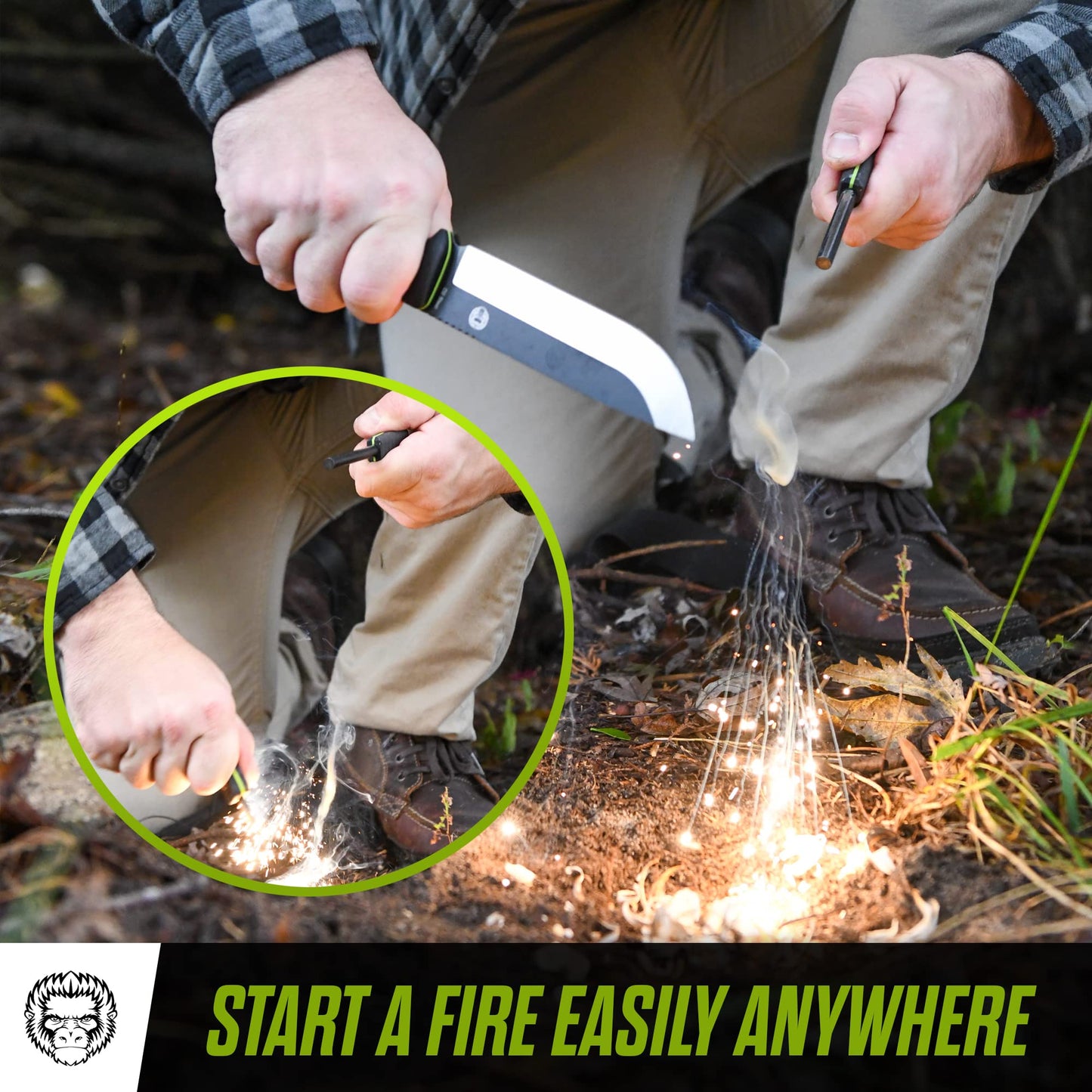 Holtzman's Gorilla Survival Bushwhacker Fixed Blade Knife with Fire Starter, G10 Scraper, and Paracord (Black+Green) - Ideal for Camping and Survival