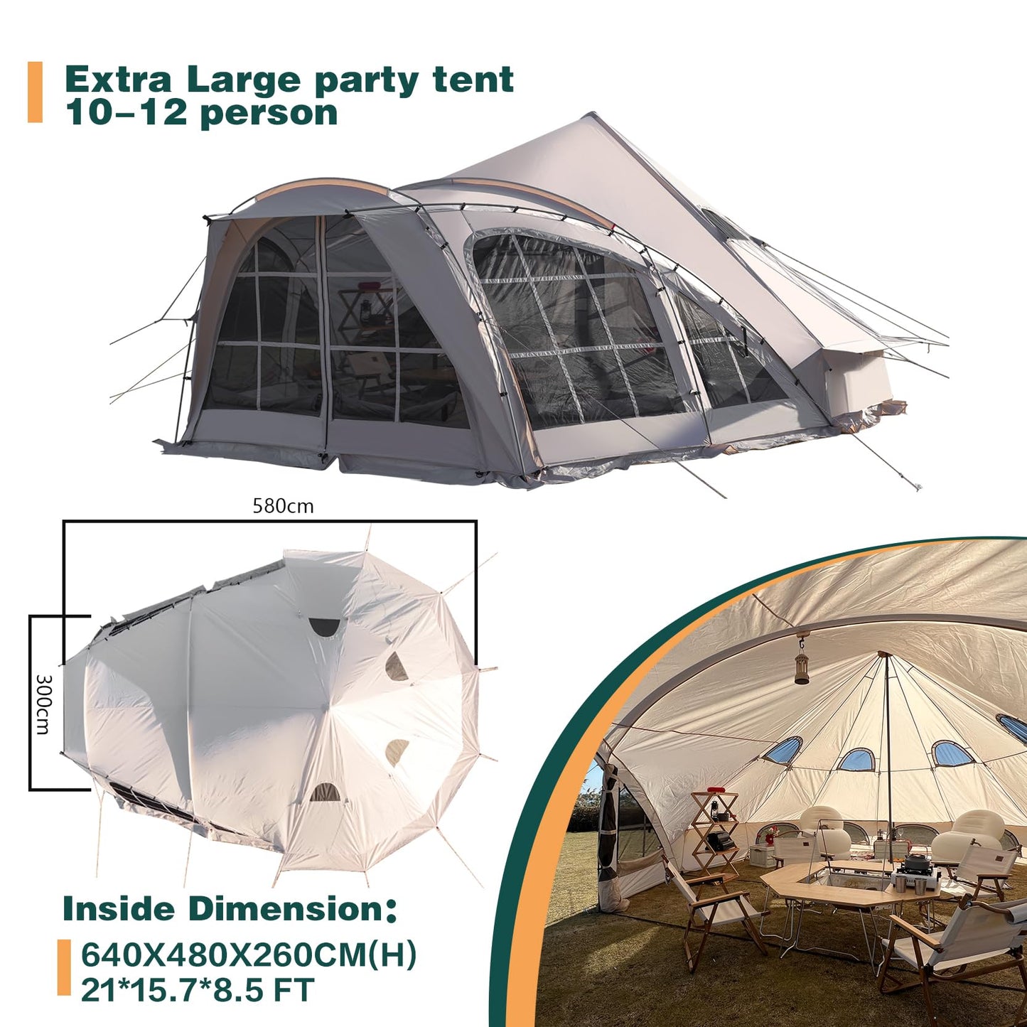 DanCoom Bell Tent, 8/10/12 Person Waterproof Large Family Tents with Sturdy Center & Vestibule, Mesh Window,Waterproof,Spacious Space for All 4 Season Camping Yurt Tent.