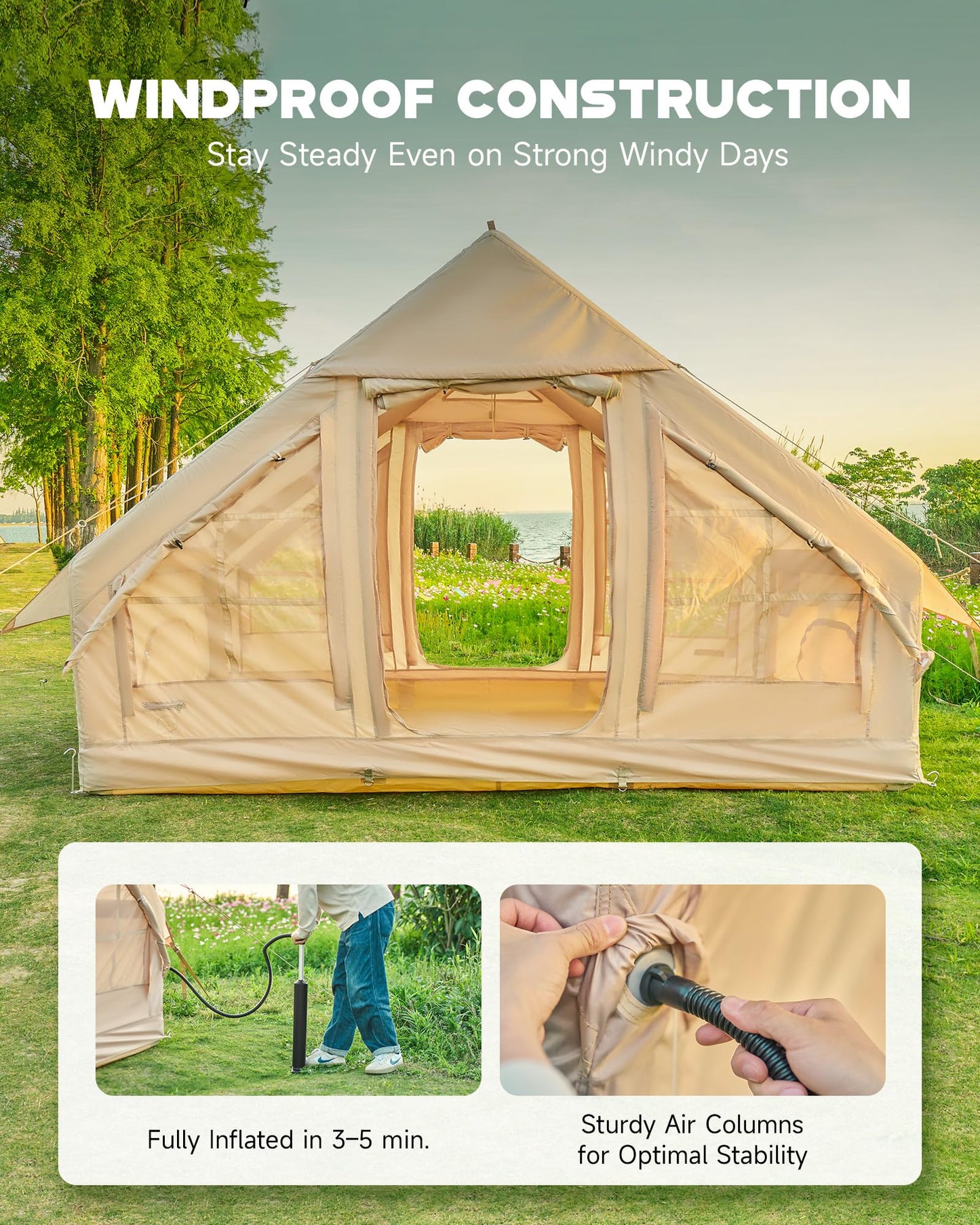 Dartmoor Inflatable Camping Tent, 4-6 Person Air Glamping Tent with Pump, Waterproof Blow Up Tent for Outdoor, 4 Season, Easy Setup, Dual Doors, Windows