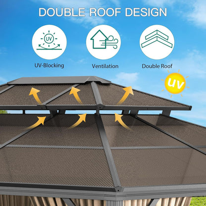 PeakPursuit 10x13FT Hardtop Aluminum Pergola Gazebo – Double Polycarbonate Roof – Heavy Duty Metal Frame – Mesh Netting, Curtains, All-Weather Outdoor Pavilion for Patio, Garden, Poolside – Khaki –