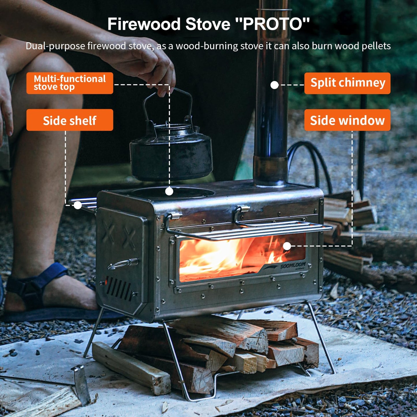 Soomloom Firewood Stove PROTO Dual-purpose Camping Pellets Combi Stove Stainless Steel Compact Tent Cooking Barbecue BBQ Campfire Chimney Portable Camp Outdoor Heating Hybrid Stove