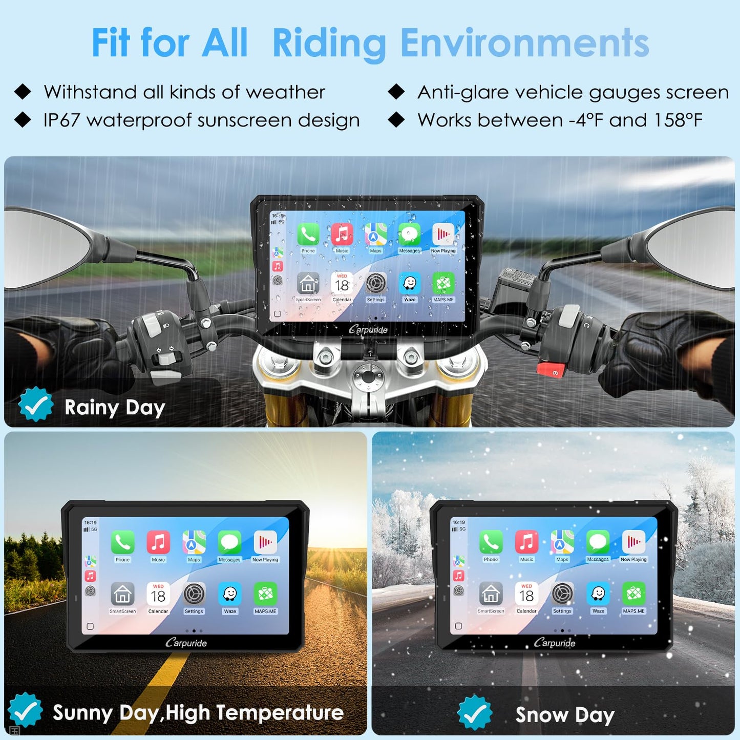 Carpuride W702S PRO Motorcycle GPS Wireless Carplay/Android Auto, 7" Waterproof Motorbike Touch Screen, with BM05 Mount, Bluetooth Trans, Wired Controller, Navigation