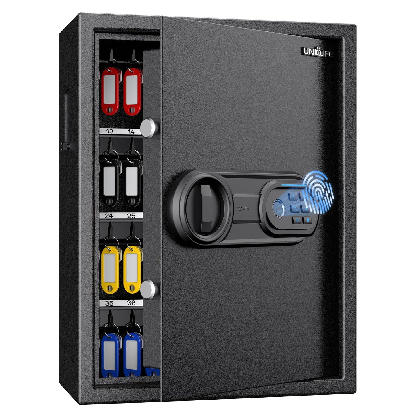 Uniclife 71 Position Key Box, Wall Mount Key Lock Box with Code and Key Lock, Fingerprint Key Cabinet with Anti-Theft Key Drop Slot & Keypad, Keys Safe for Office Hotel & Company