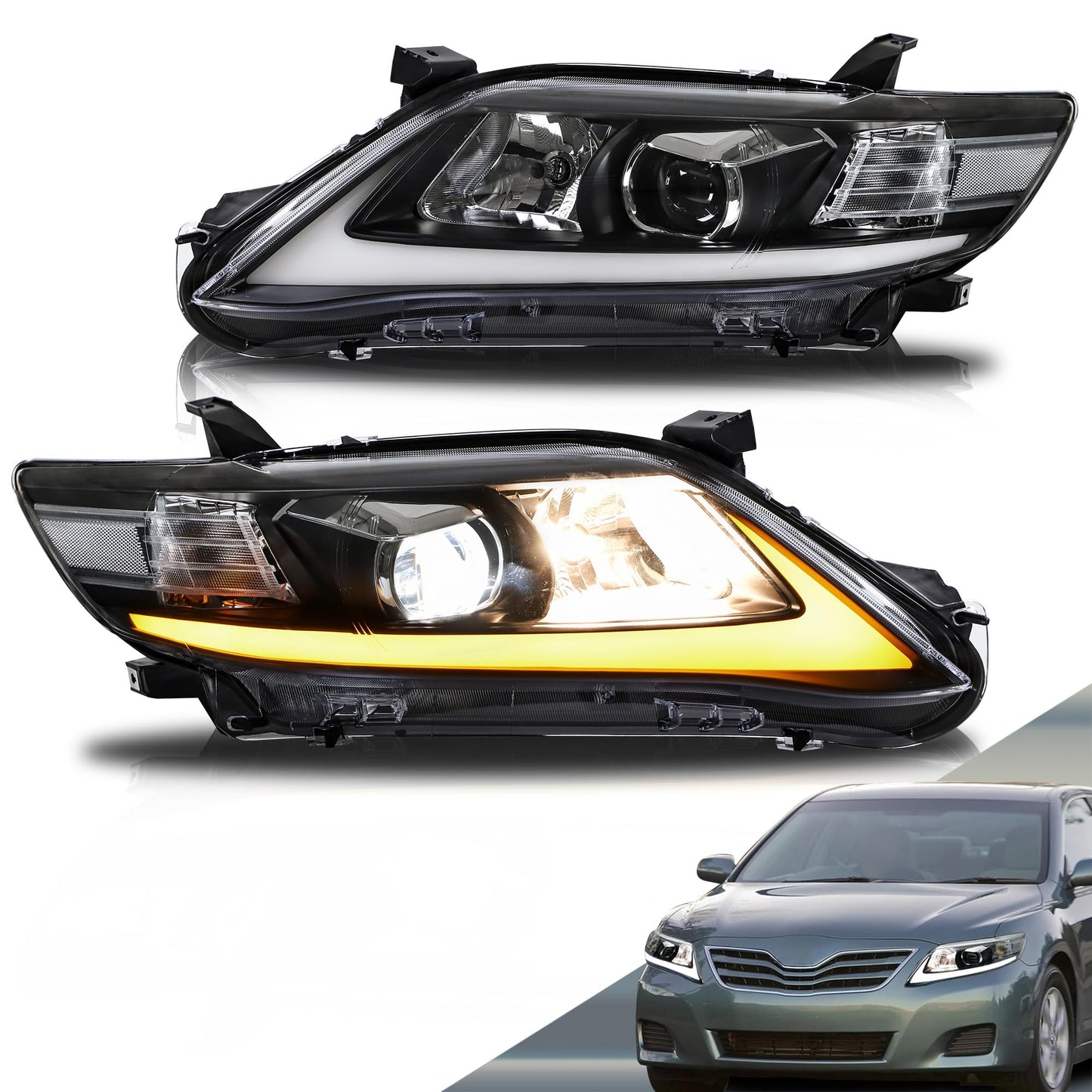 VLAND Led Front Lamps Compatible with 2010-2011 Camry Base, LE, SE and XLE(US Version) w/Sequential w/1141 Bulb w/H7 Bulbs
