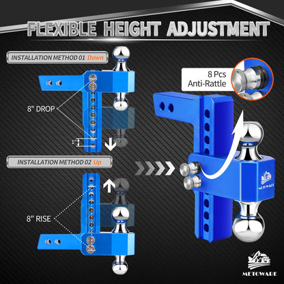 METOWARE Adjustable Trailer Hitch - Aluminum Tow Hitch Fits 2-Inch Receiver - Heavy Duty Drop Hitch with 8-Inch Drop/Rise for Truck (14,000 LBS GTW), Double Stainless Steel Locks & Hitch Pin, Blue
