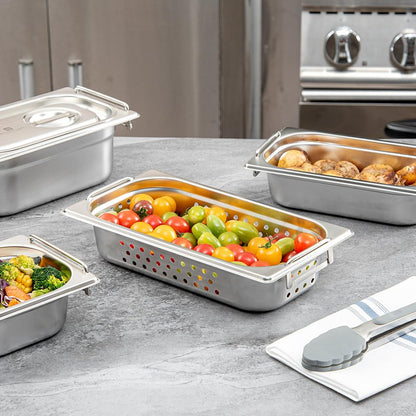 Restaurantware One Third (1/3rd) Perforated Steam Table Pan - 2.5" Deep - Collapsible Handles - Anti Jam - Commercial Grade Stainless Steel - 1ct Box - Met Lux